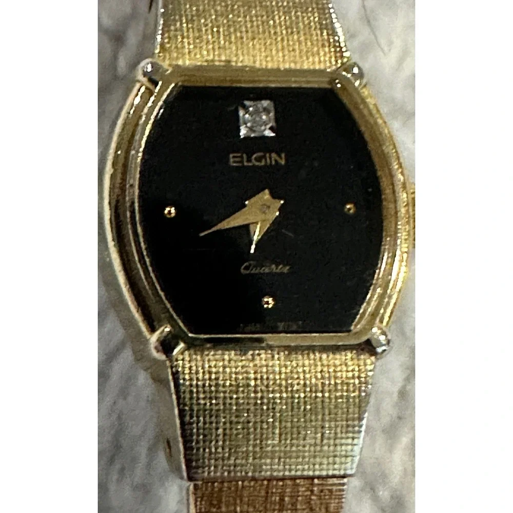 Elgin EK228-008 Quartz Women's Gold Tone Black Face Diamond Accent‎ Tank Watch